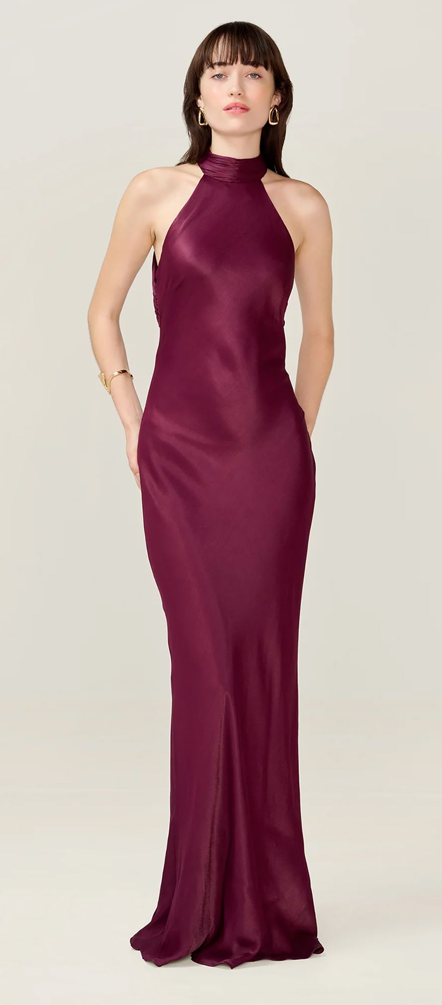 Omnes deep wine satin wedding guest dress with halter neckline