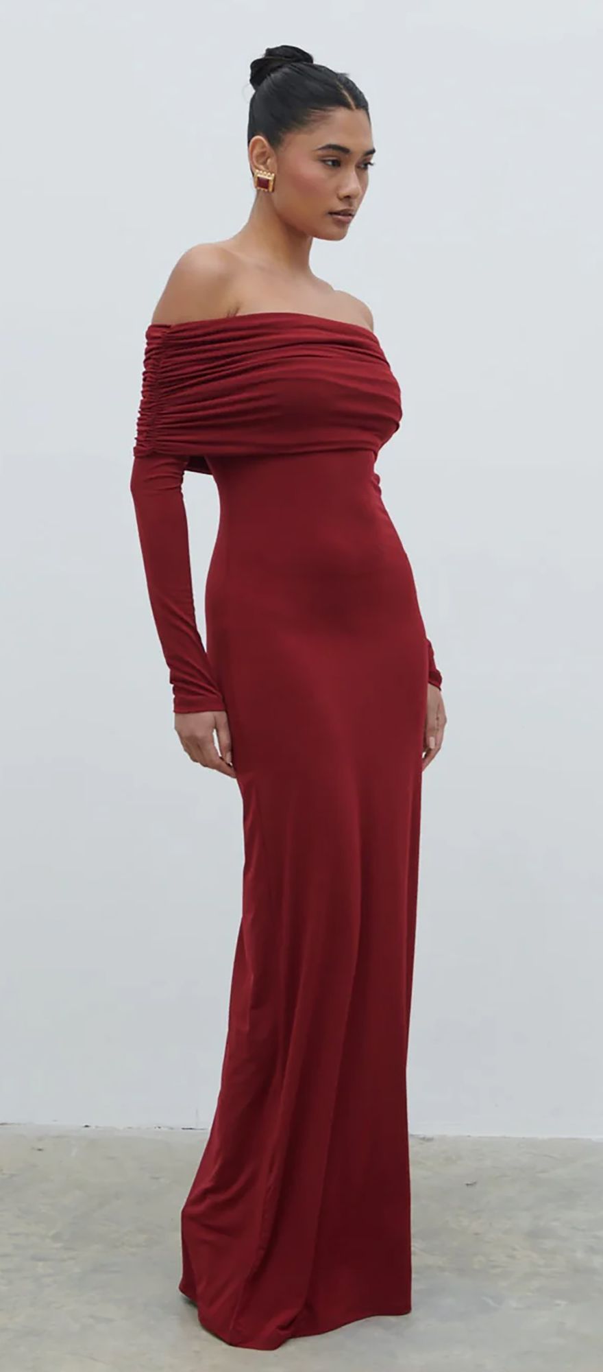 Pretty Lavish burgundy jersey bardot maxi wedding guest dress