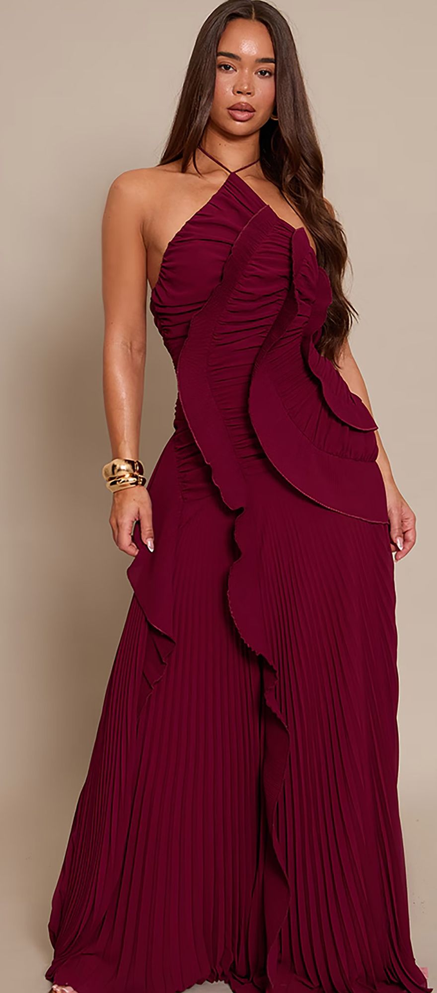 PLT burgundy frill pleated halterneck wedding guest dress