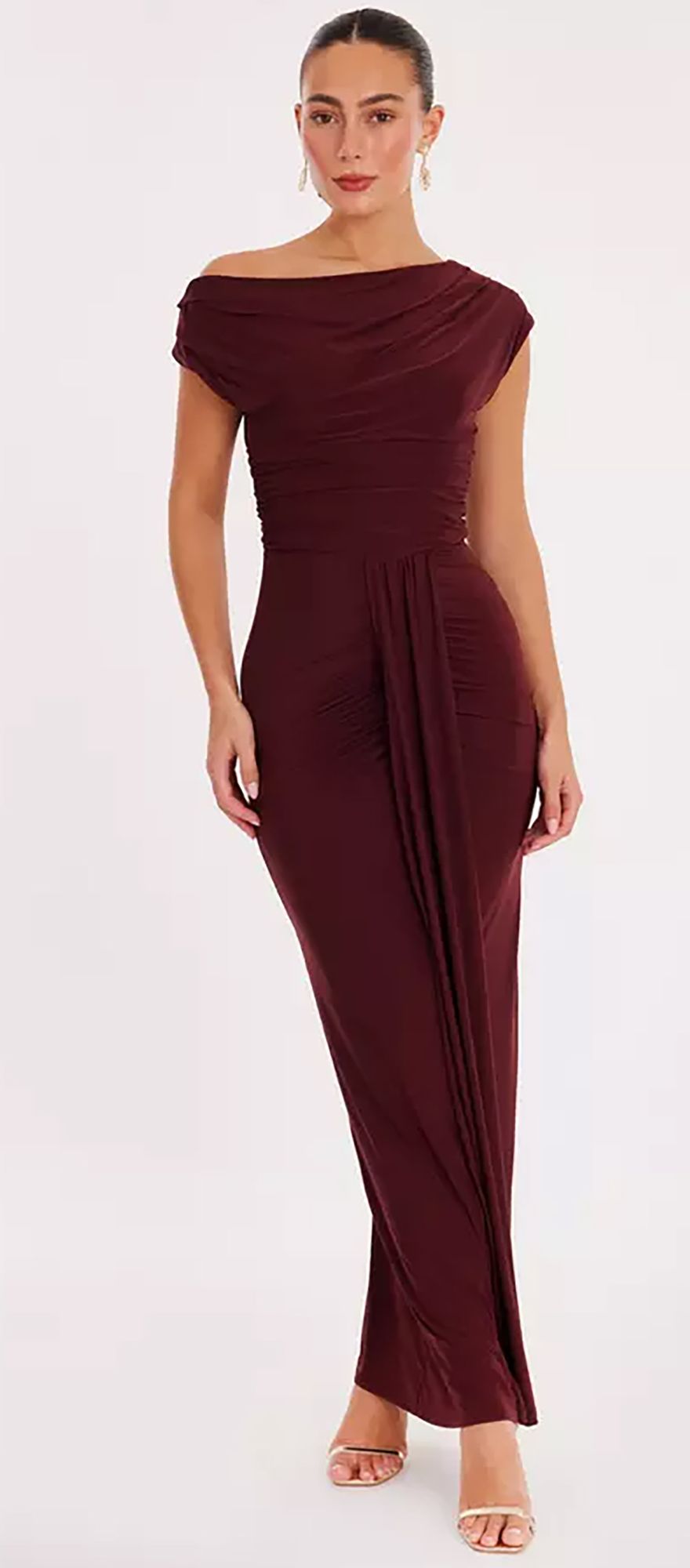 Quiz dark red wine coloured off shoulder ruched wedding guest dress