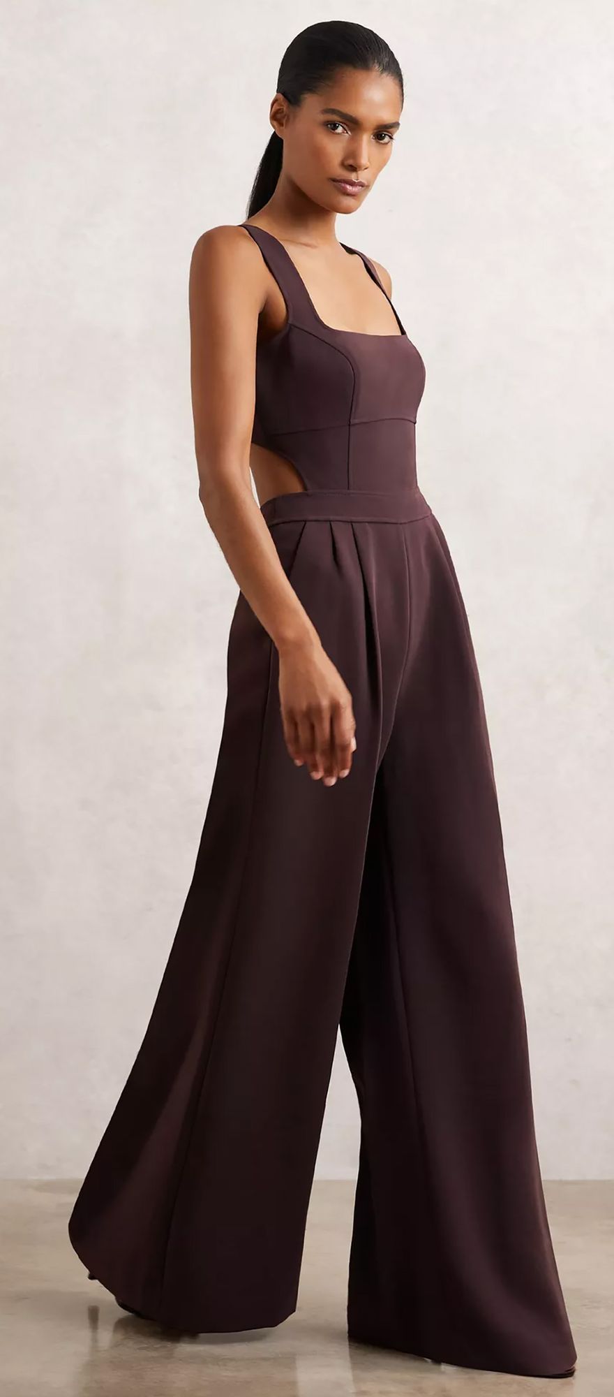 Reiss dark burgundy cut out wide leg wedding guest jumpsuit
