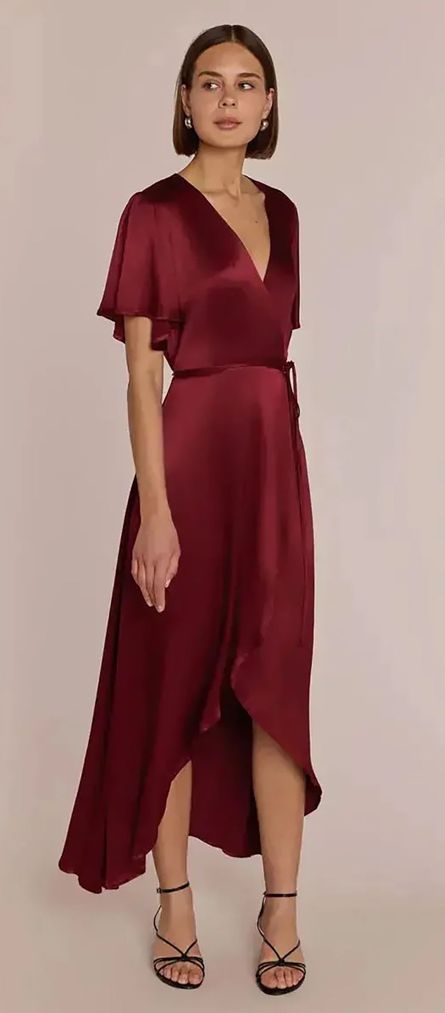 Rewritten burgundy waterfall satin wedding guest dress