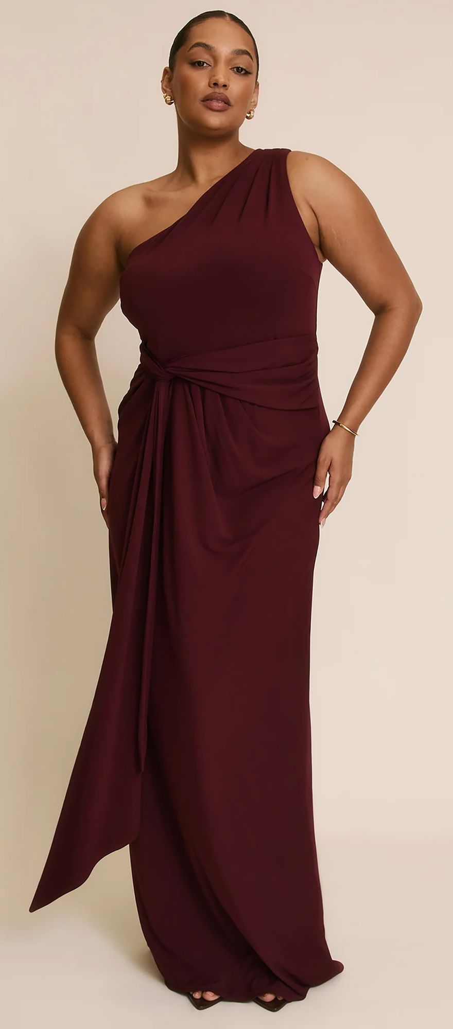 Six Stories stretch one shoulder wedding guest dress in merlot