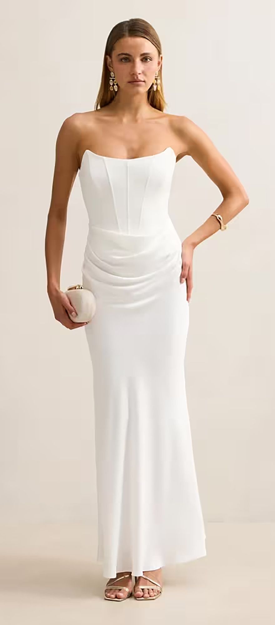 Draped corset maxi wedding dress in bridal white