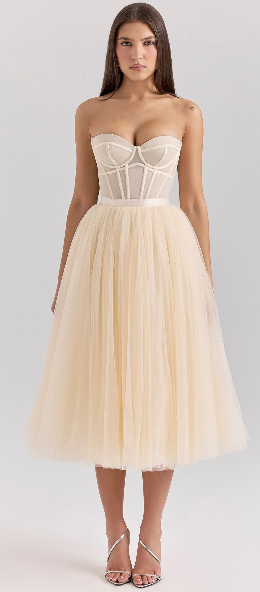 Vintage cream corset midi wedding dress with tulle full skirt