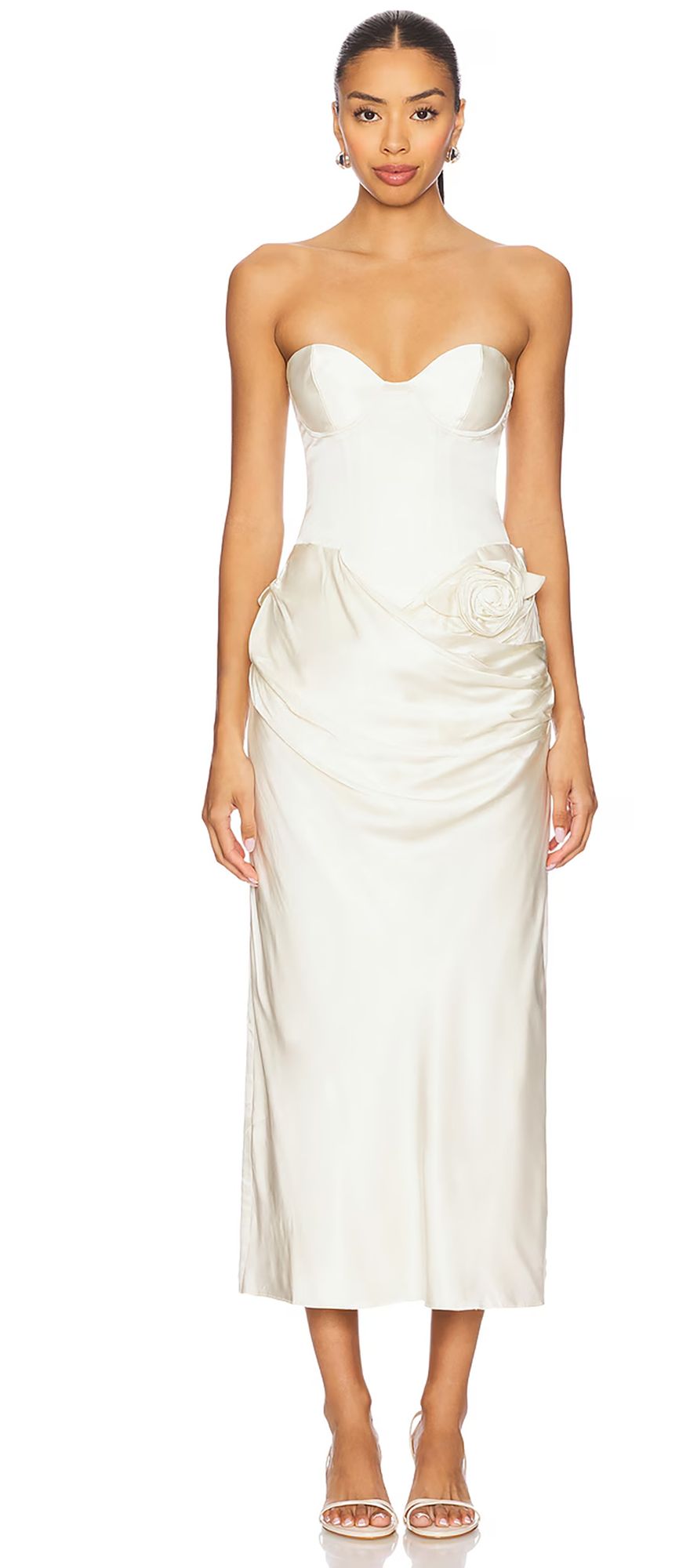 Ivory satin corset midi wedding dress with rosette detail