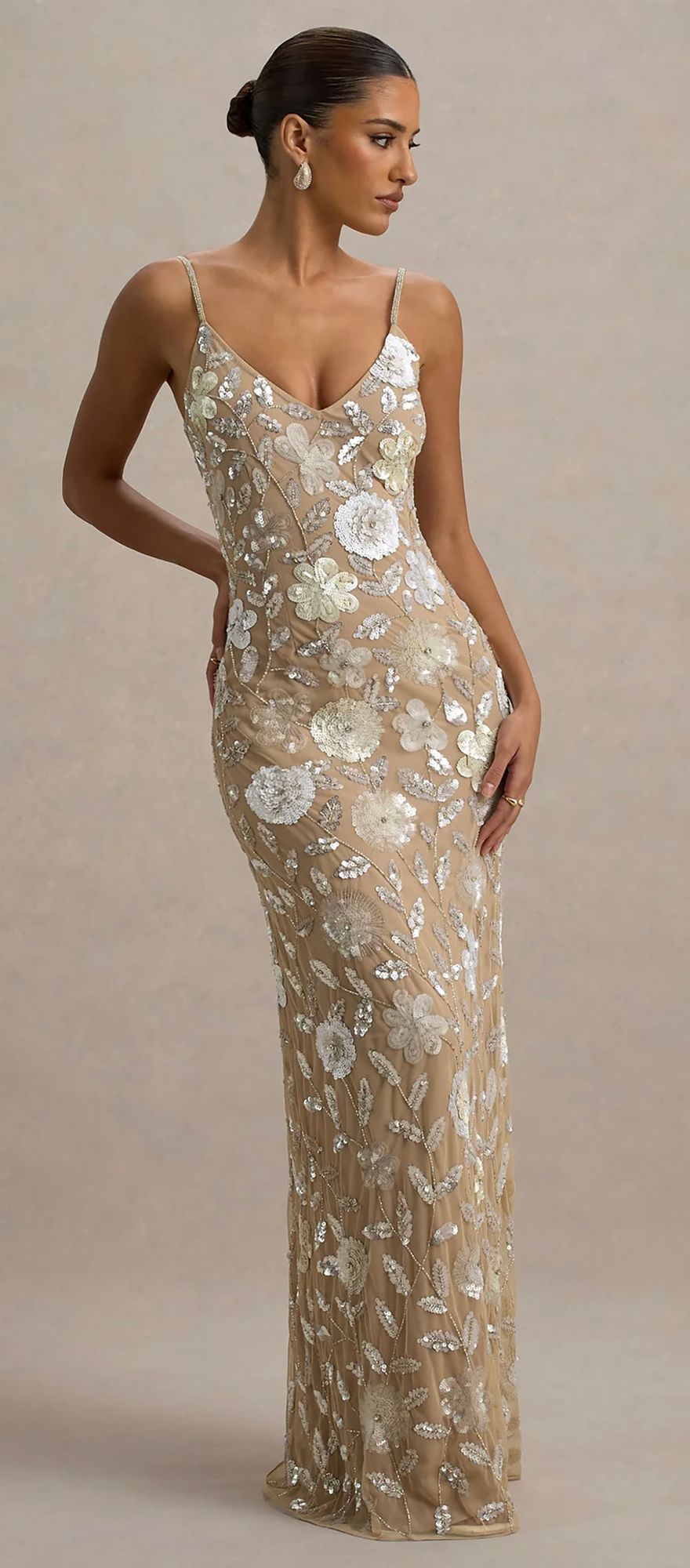 Sequin embellished floral champagne toned spring wedding dress