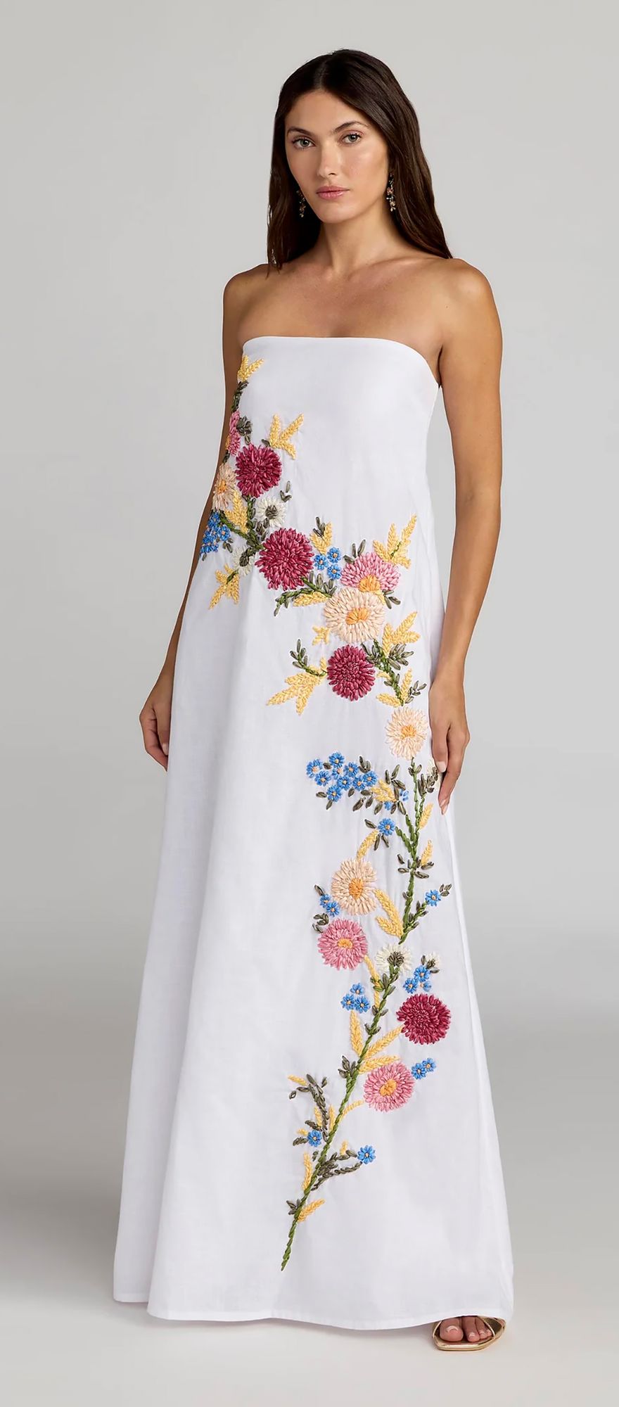 Strapless white spring wedding dress with multi coloured floral embroidery 