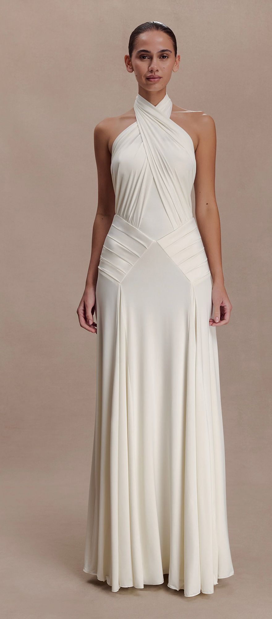 Halter slinky gathered spring wedding dress