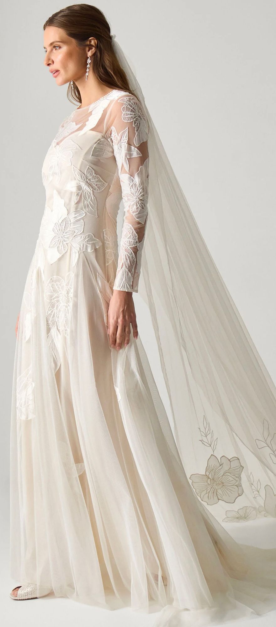 Long sleeve ivory spring wedding dress with mesh floral embroidery