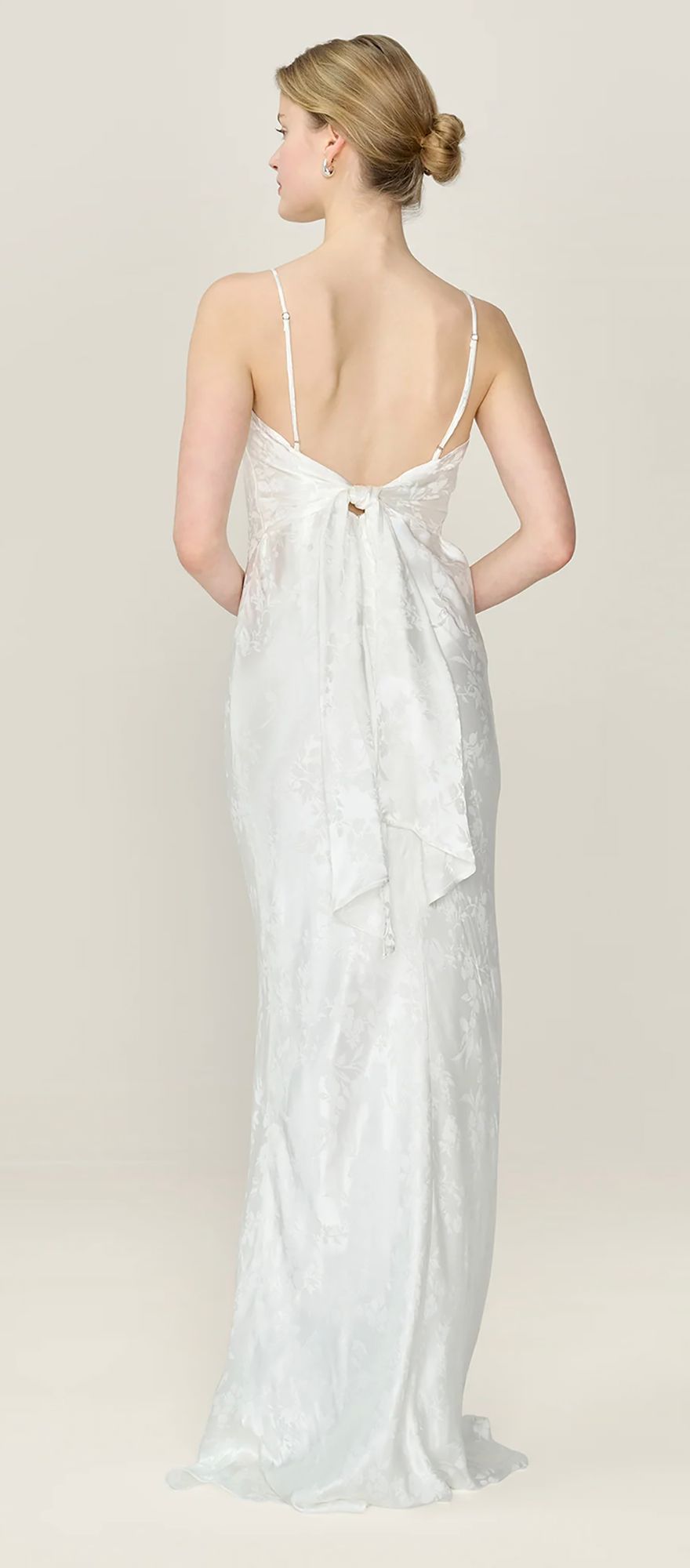 Ivory jacquard spring wedding dress with tie open back
