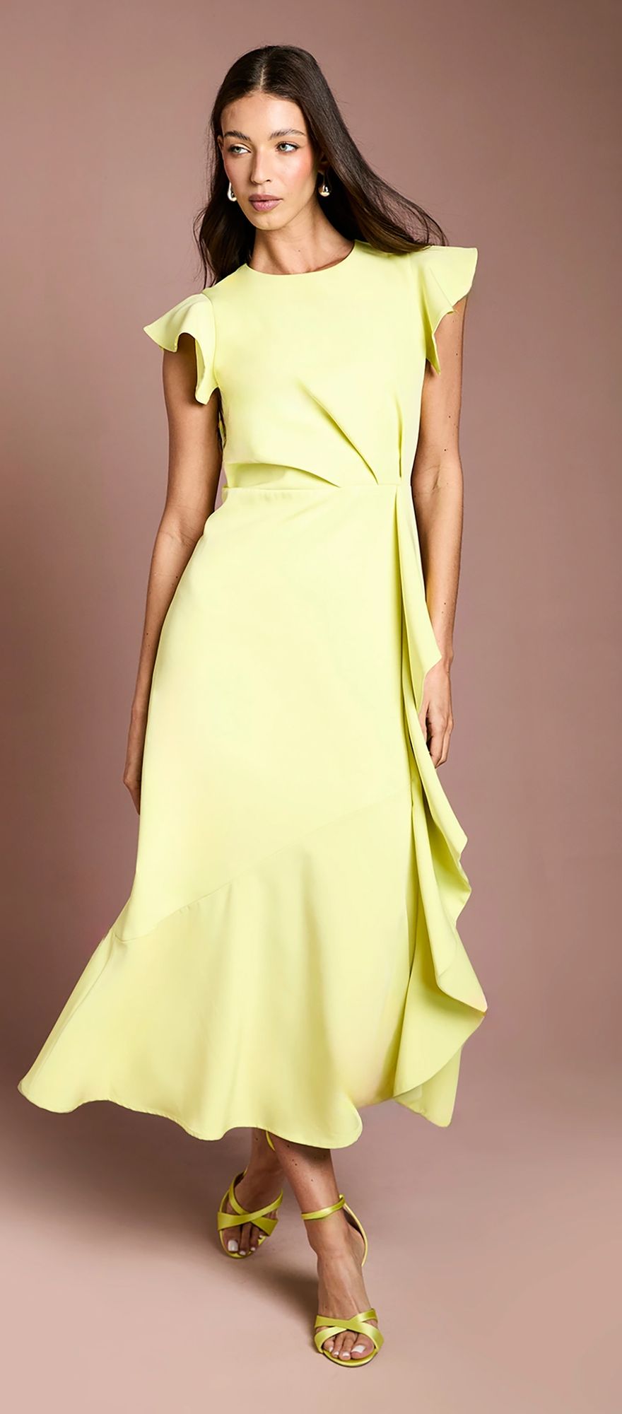 Coast crepe ruffle midi chartreuse wedding guest dress