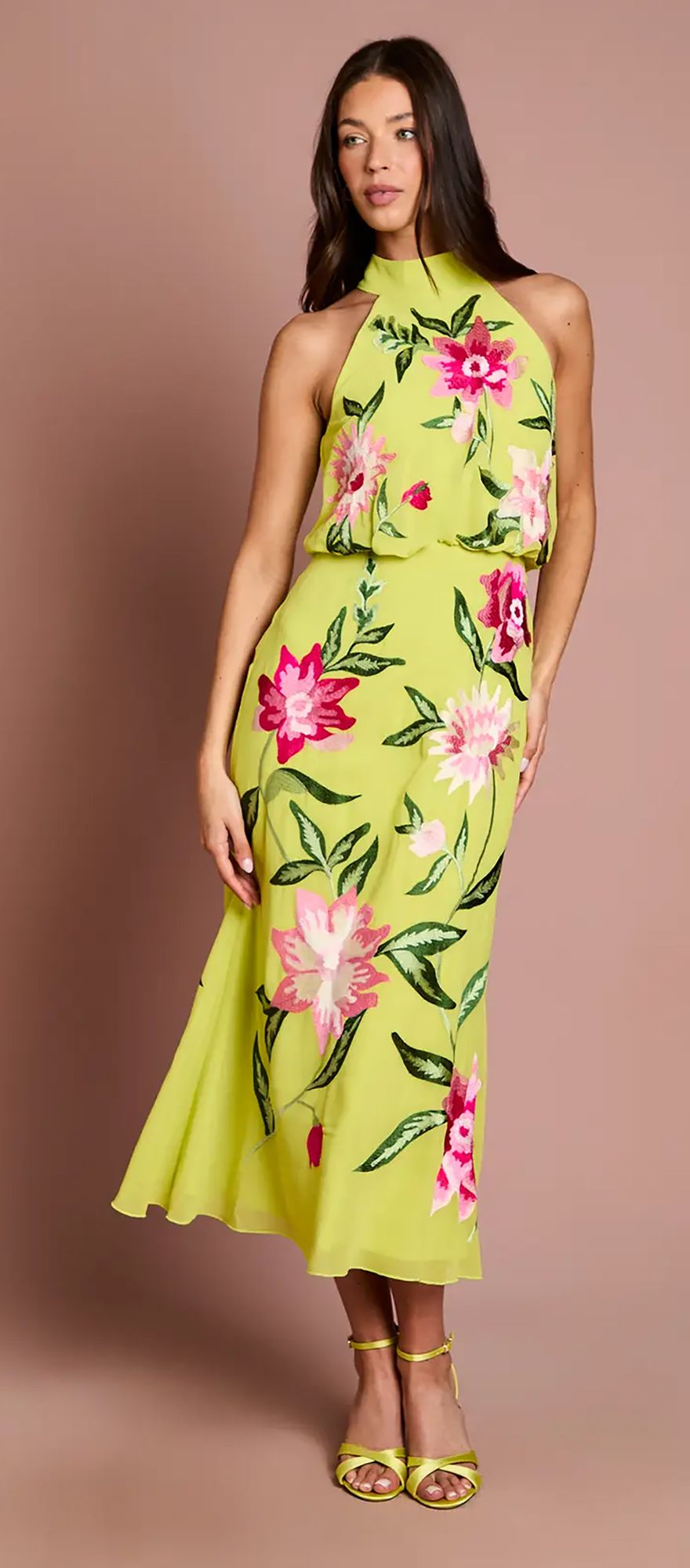Coast high neck floral chartreuse wedding guest dress