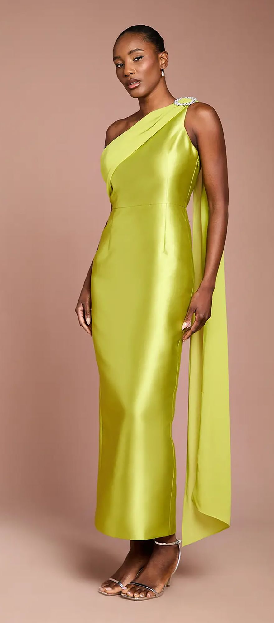 Coast one shoulder chartreuse wedding guest dress with diamante brooch