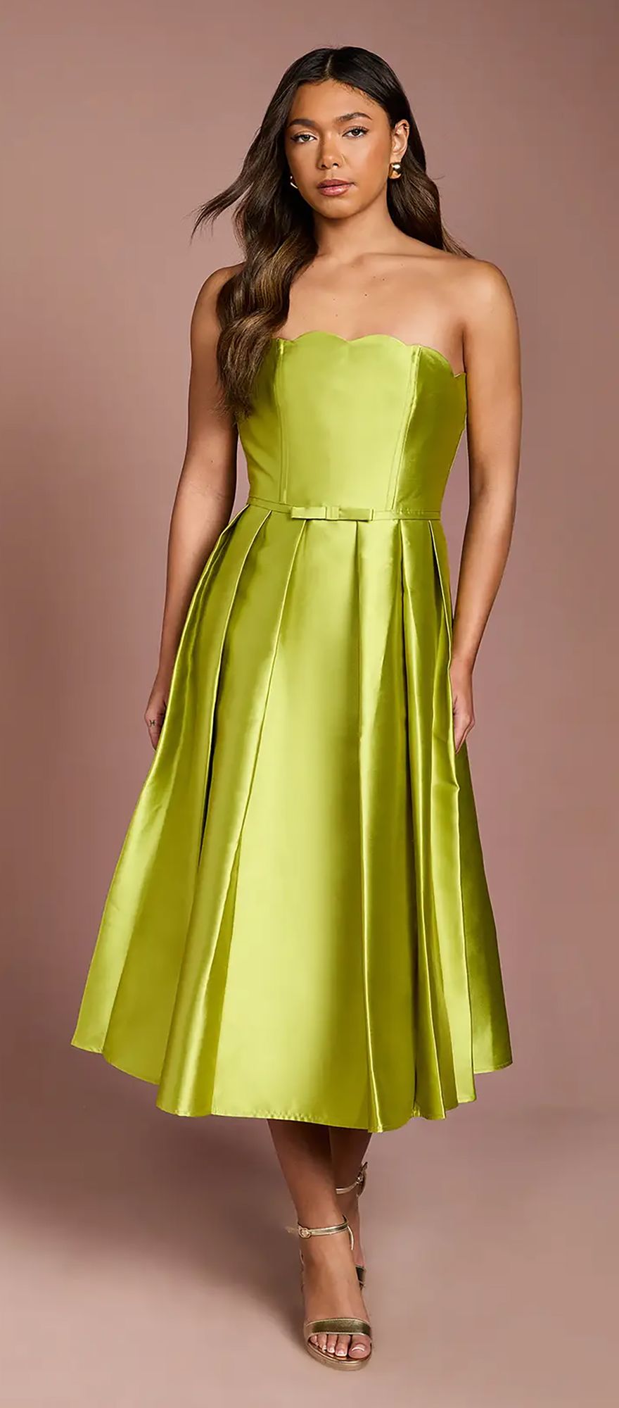 Coast scalloped strapless midi chartreuse wedding guest dress