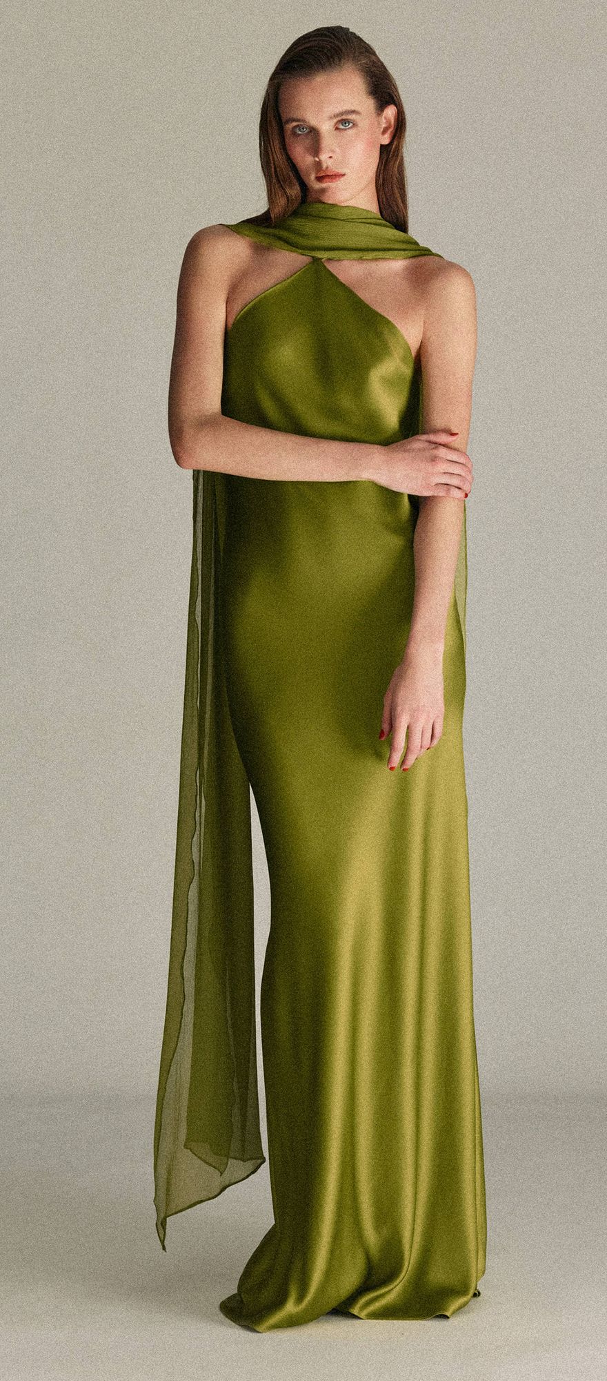 Mango satin halter neck chartreuse wedding guest dress
