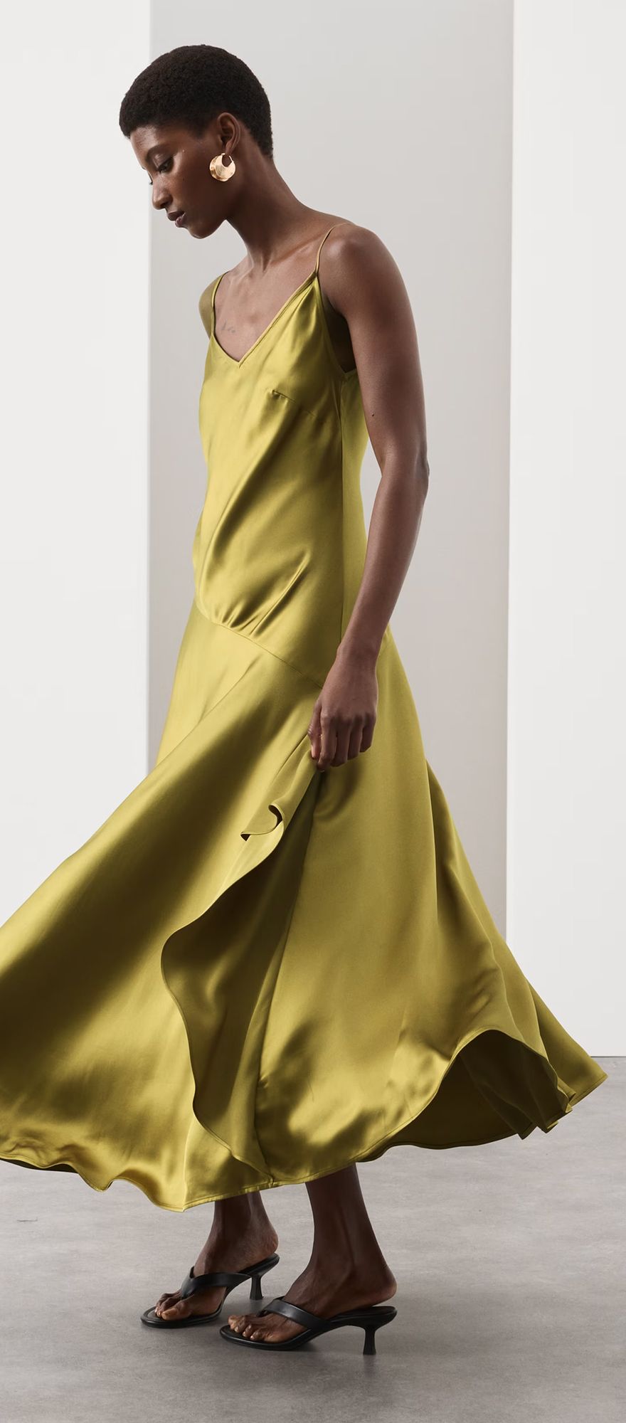 M&S moss chartreuse green maxi slip wedding guest dress