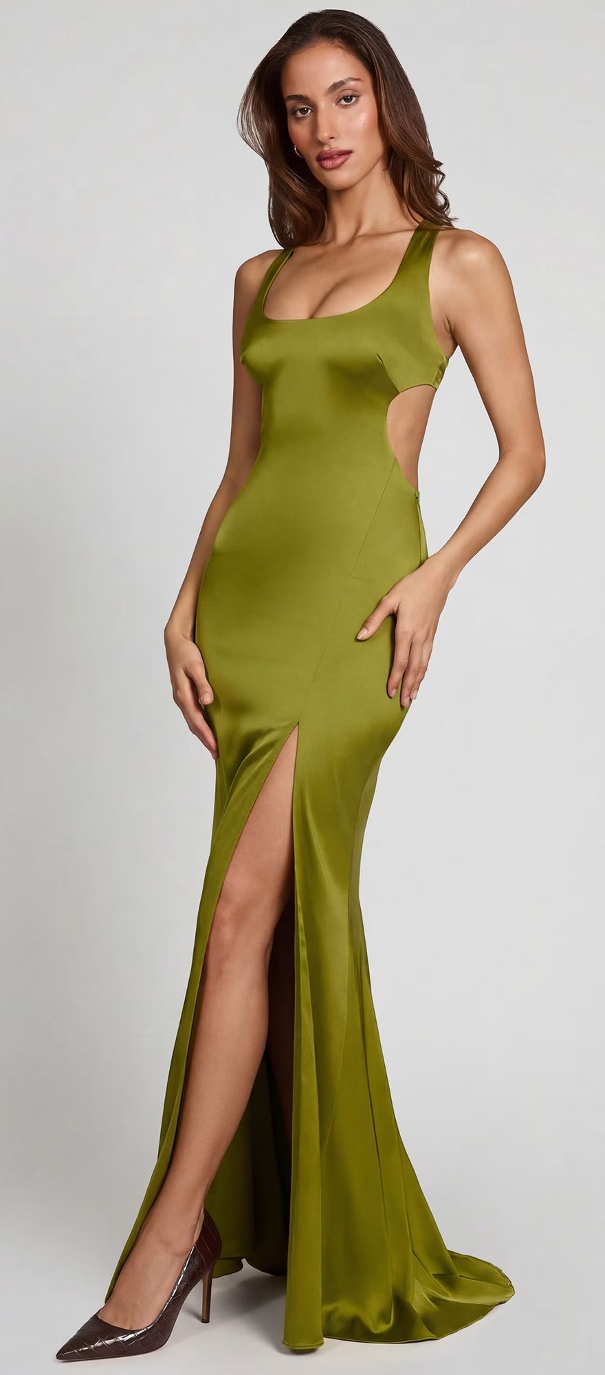 Oh Polly olive chartreuse green lace up back wedding guest dress
