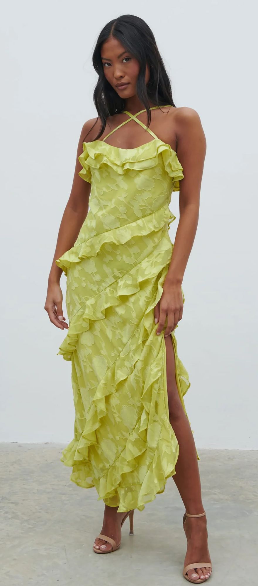 Pretty Lavish jacquard ruffle chartreuse wedding guest dress