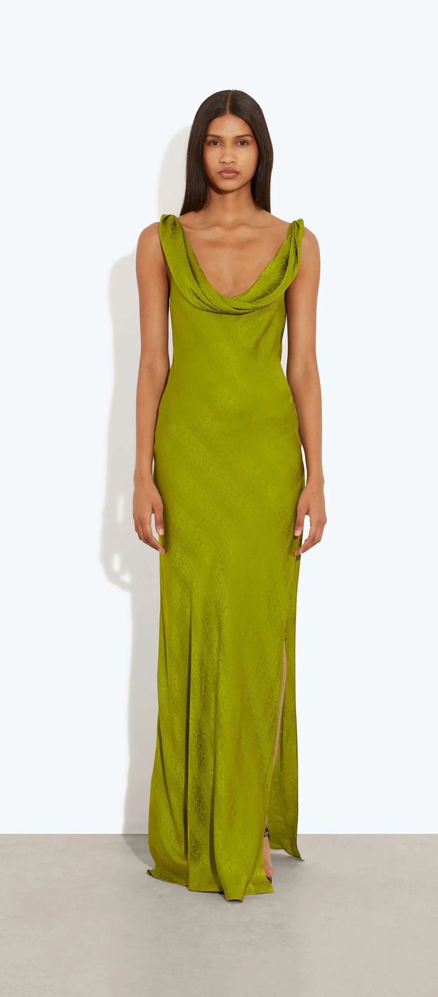 Rat & Boa chartreuse lime green slinky silk wedding guest dress