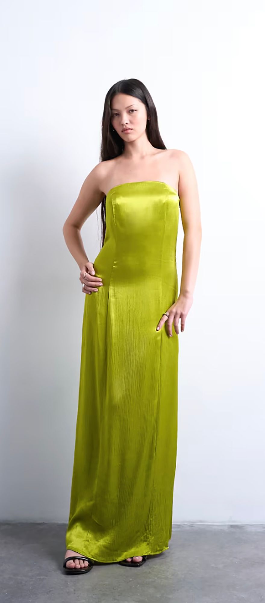 Topshop satin bandeau maxi chartreuse green wedding guest dress