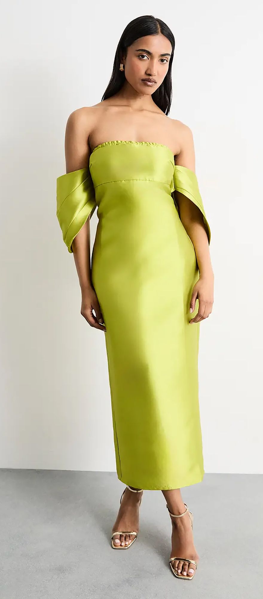 Warehouse structured puff sleeve bardot chartreuse midi wedding guest dress