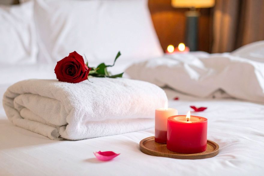 Romantic rose and candle on hotel bedding in the honeymoon suite