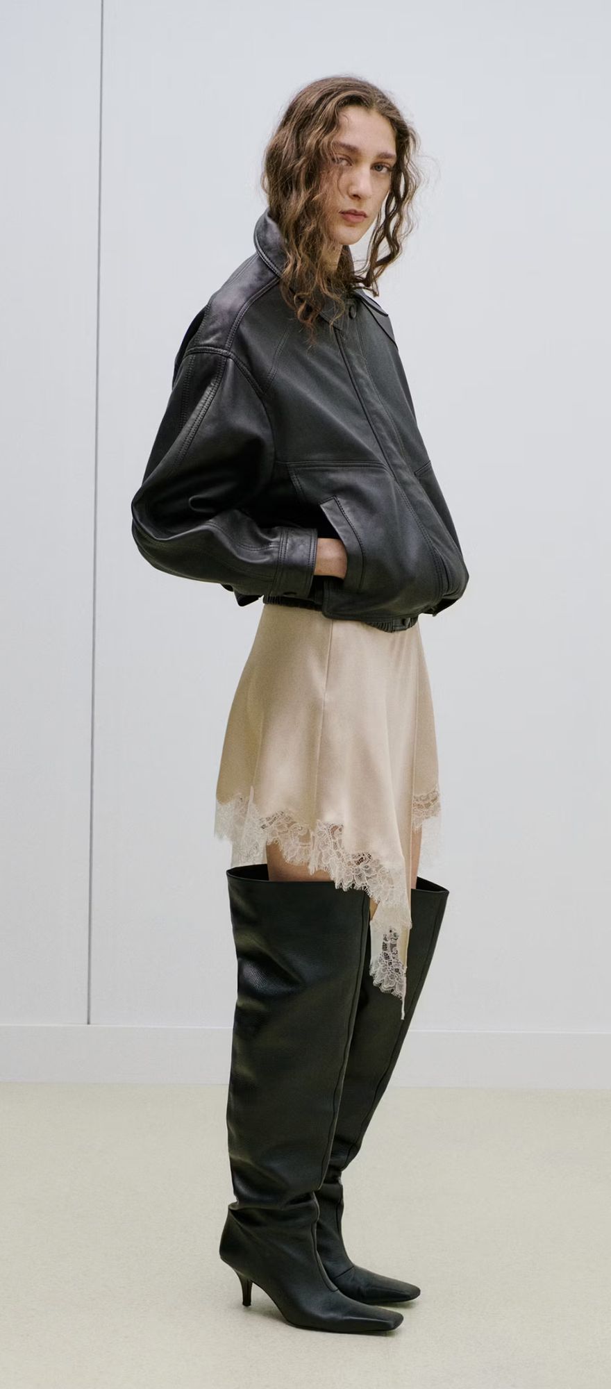 Mango beige satin lingerie style slip skirt with slit for festival theme hen do