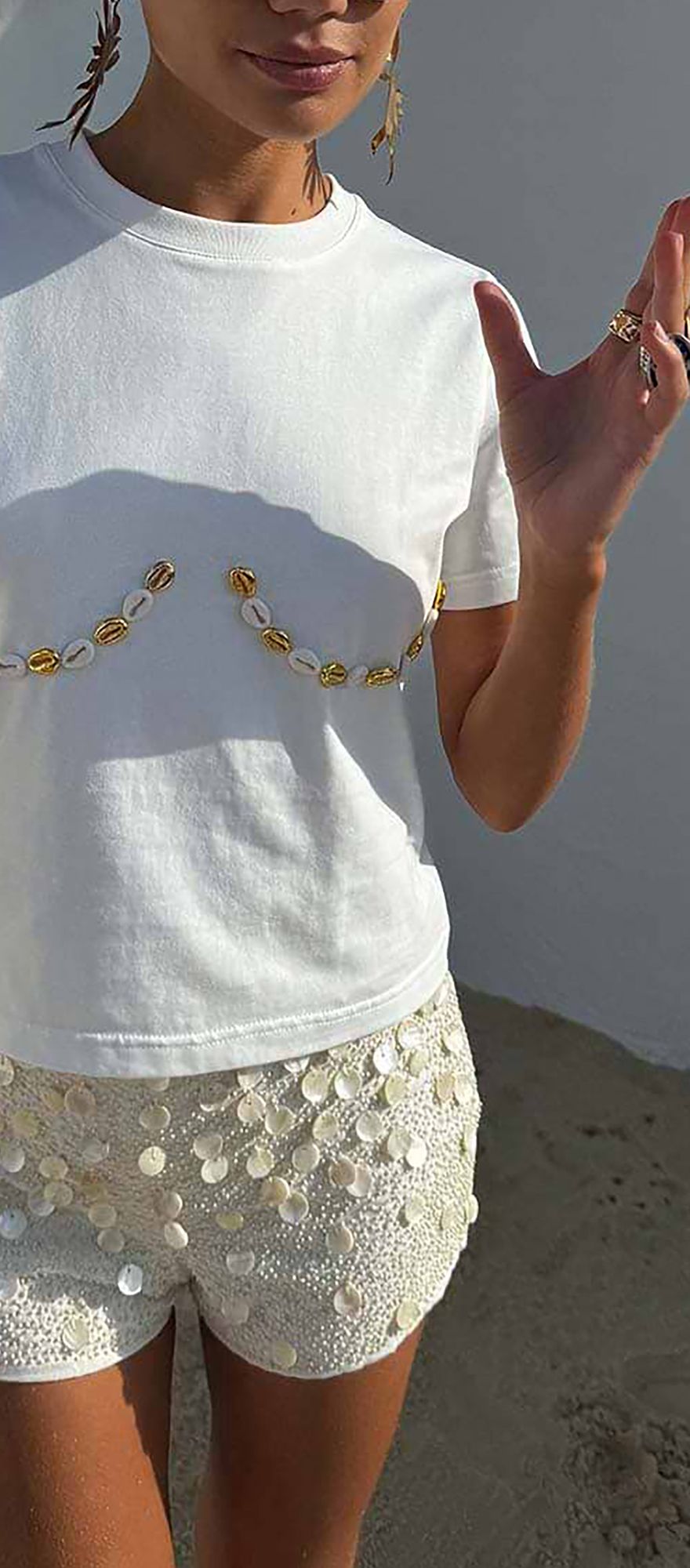 Never Fully Dressed white shell hot pants for festival theme hen do outfit