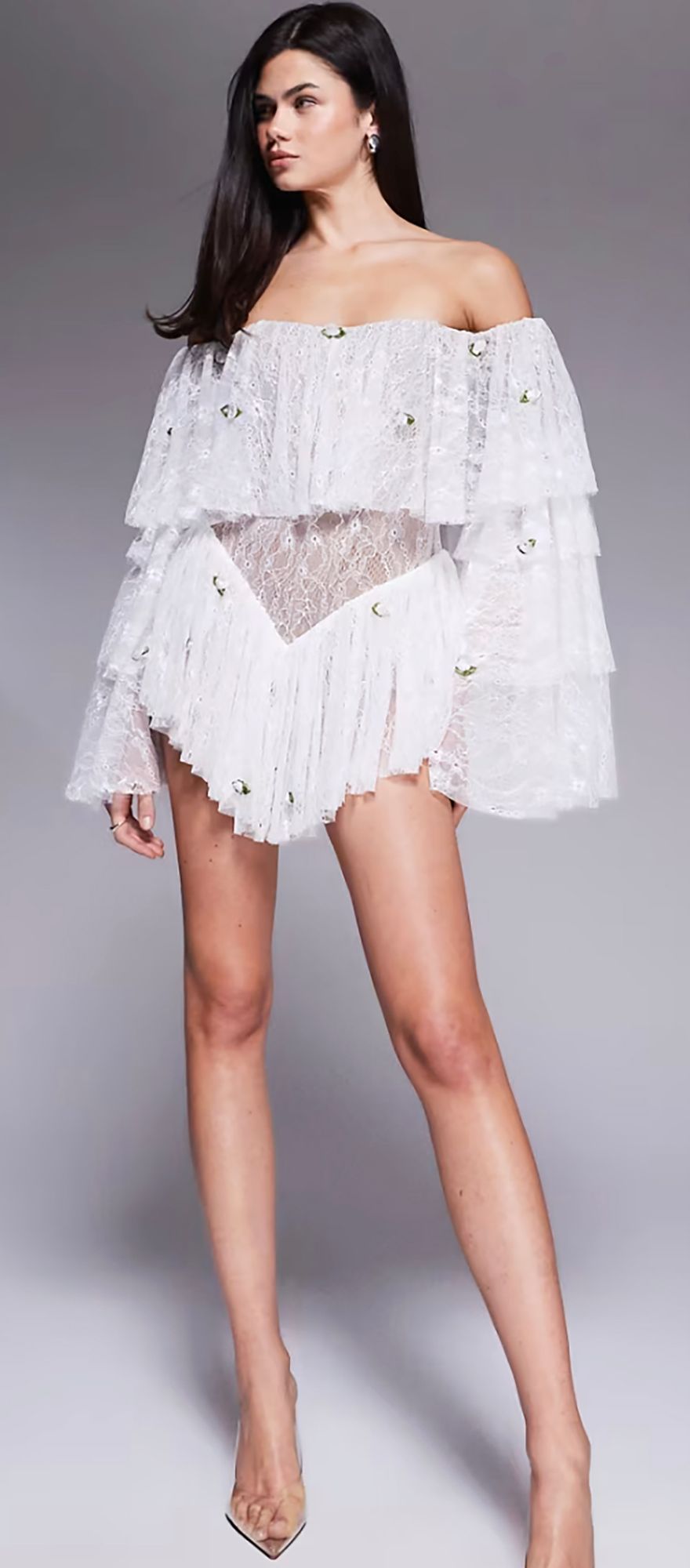 The Dolls House lace off shoulder flower detail ivory playsuit for festival themed hen