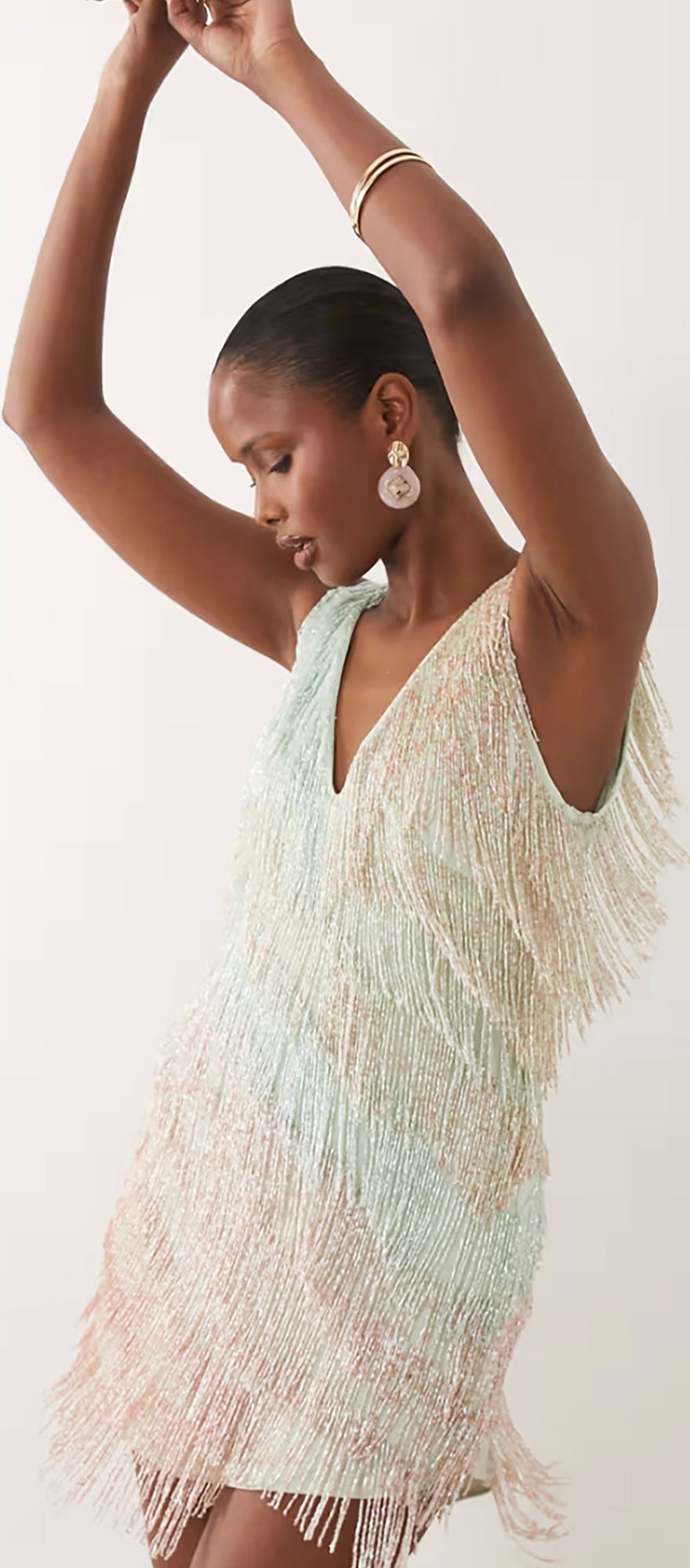 ASOS DESIGN turquoise embellished fringe v neck short wedding dress