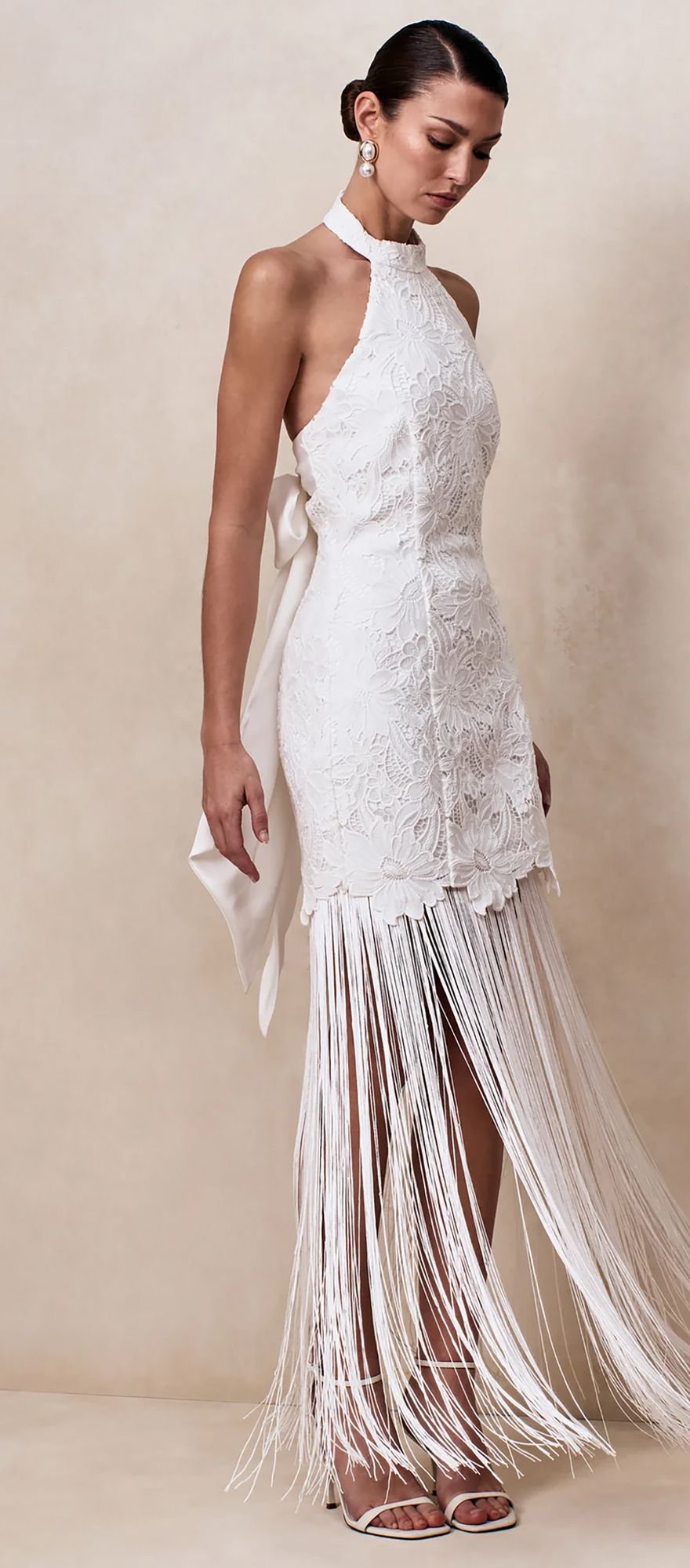 Club L London lace halter neck fringe wedding dress with bow back