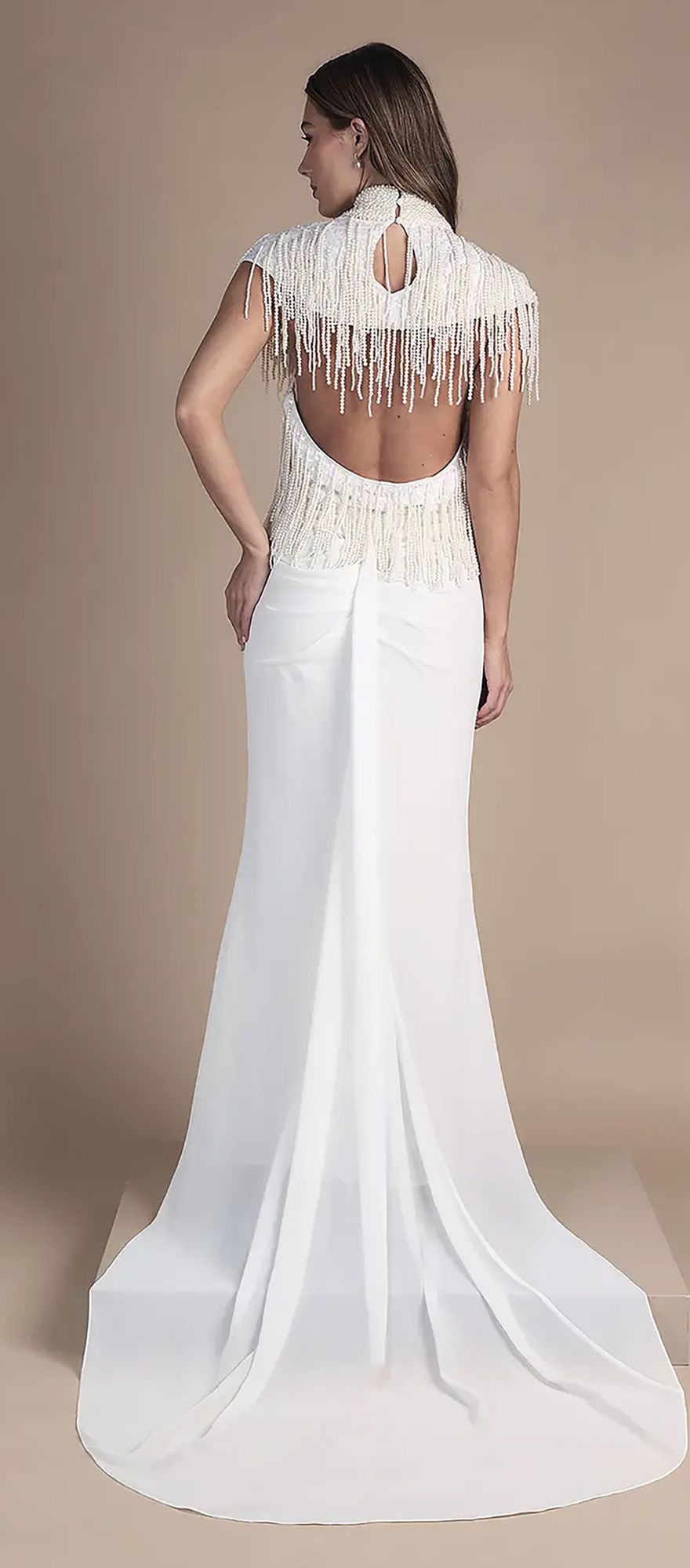 Coast pearl fringed high neck embellished wedding dress
