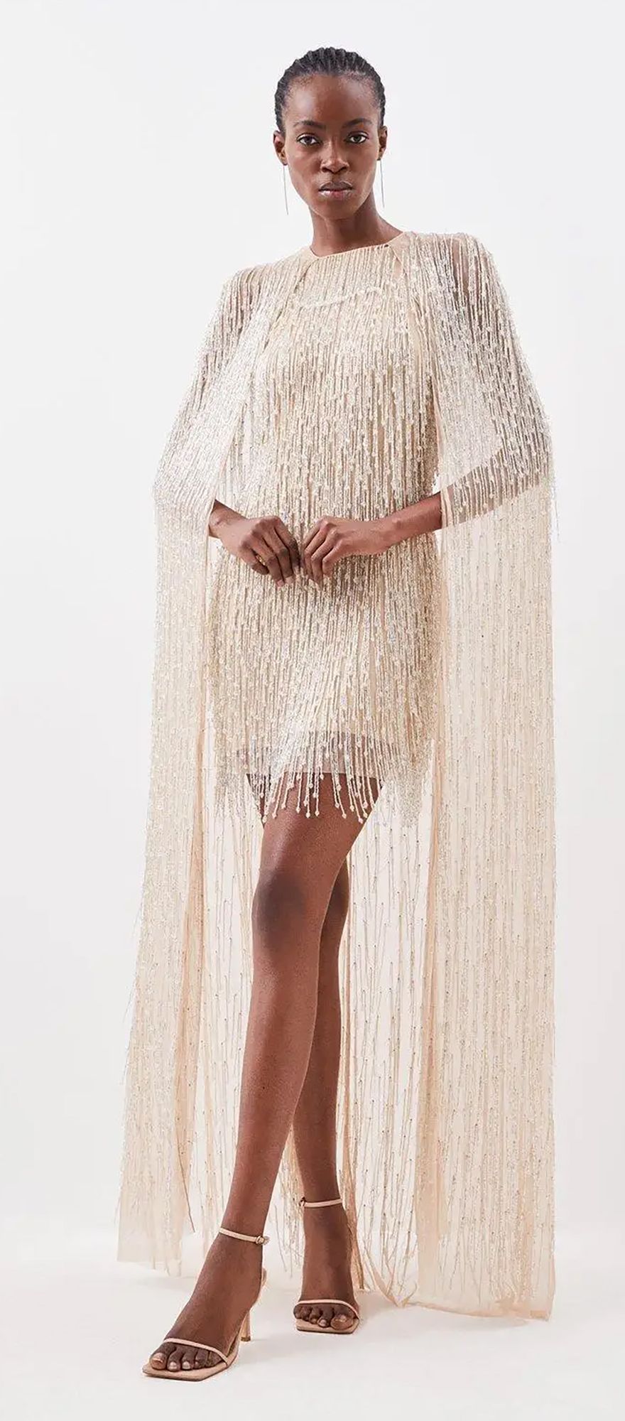 Karen Millen embellished cape mini woven fringe wedding dress