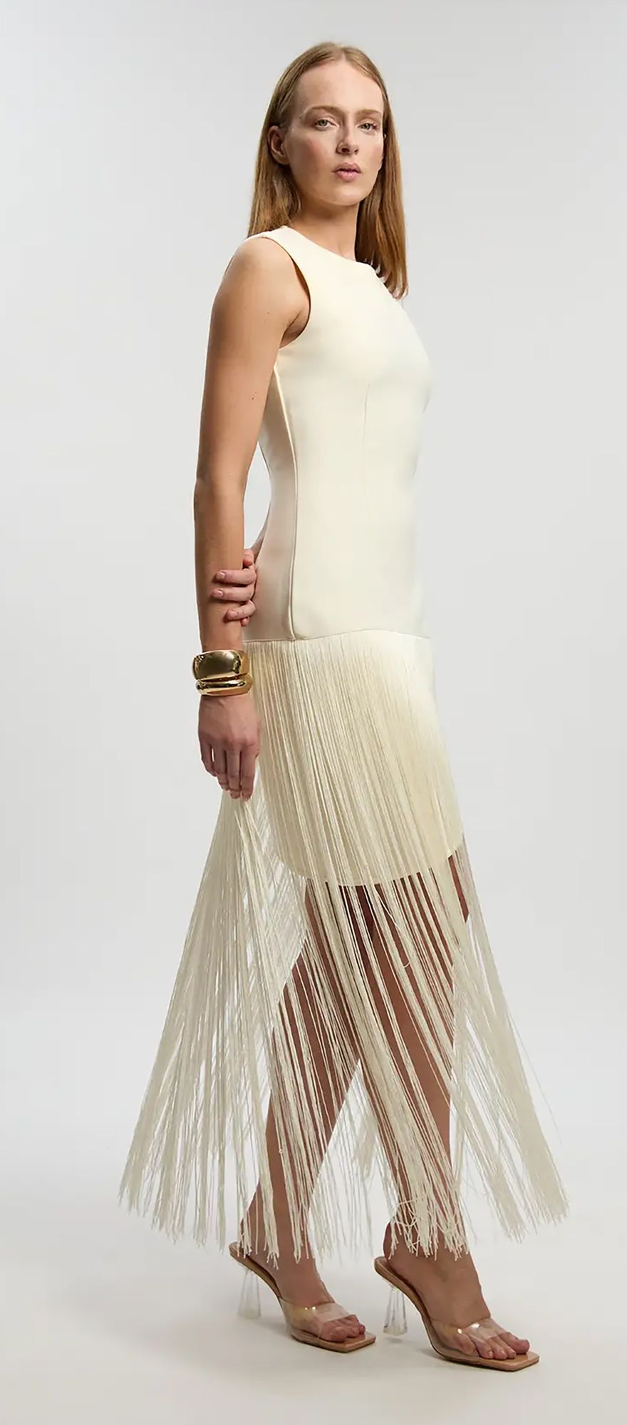 Karen Millen form fitting bandage tassel hem fringe wedding dress