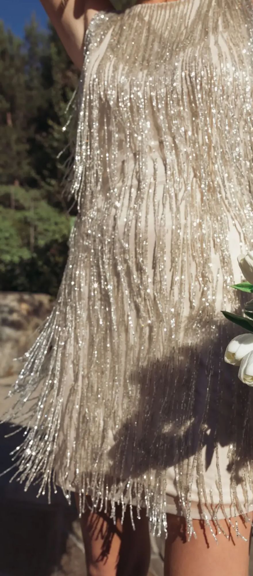 Mac Duggal nude silver short beaded fringe wedding dress