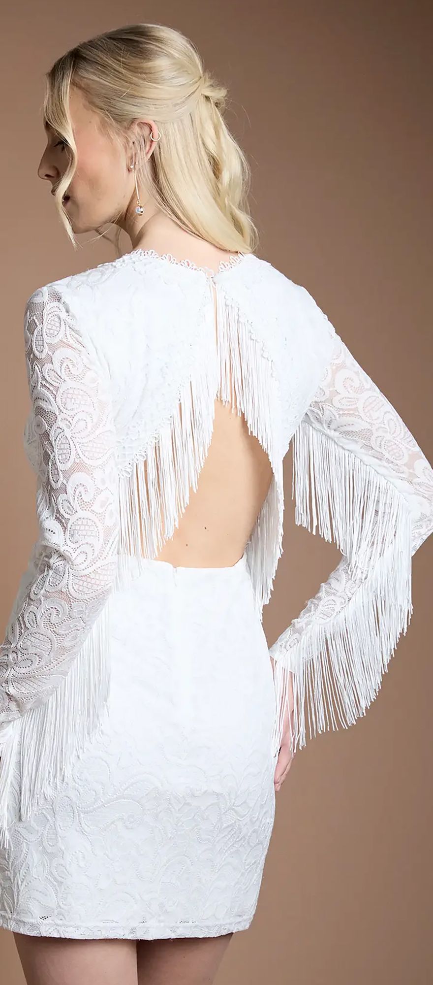 Oasis lace long sleeve short fringed wedding dress