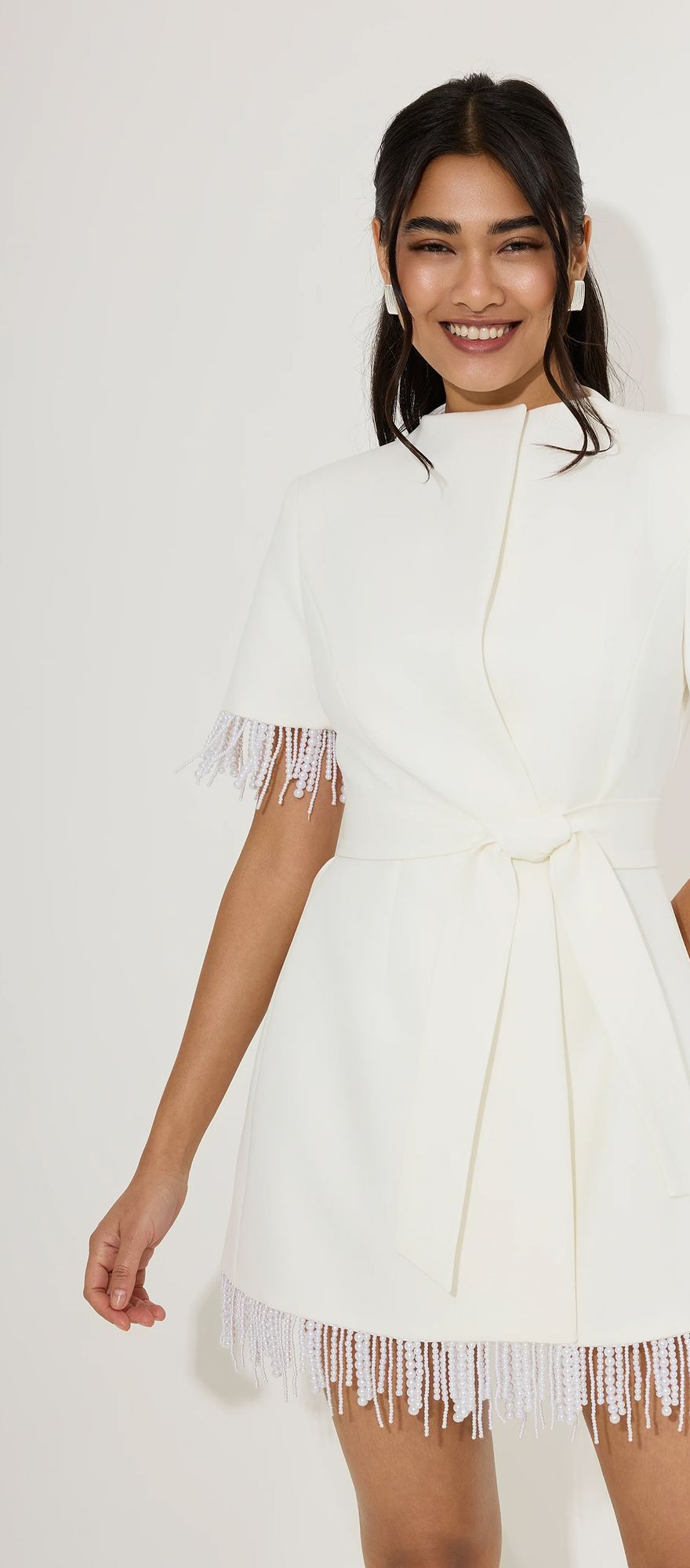 Odd Muse short wrap pearl fringed wedding dress