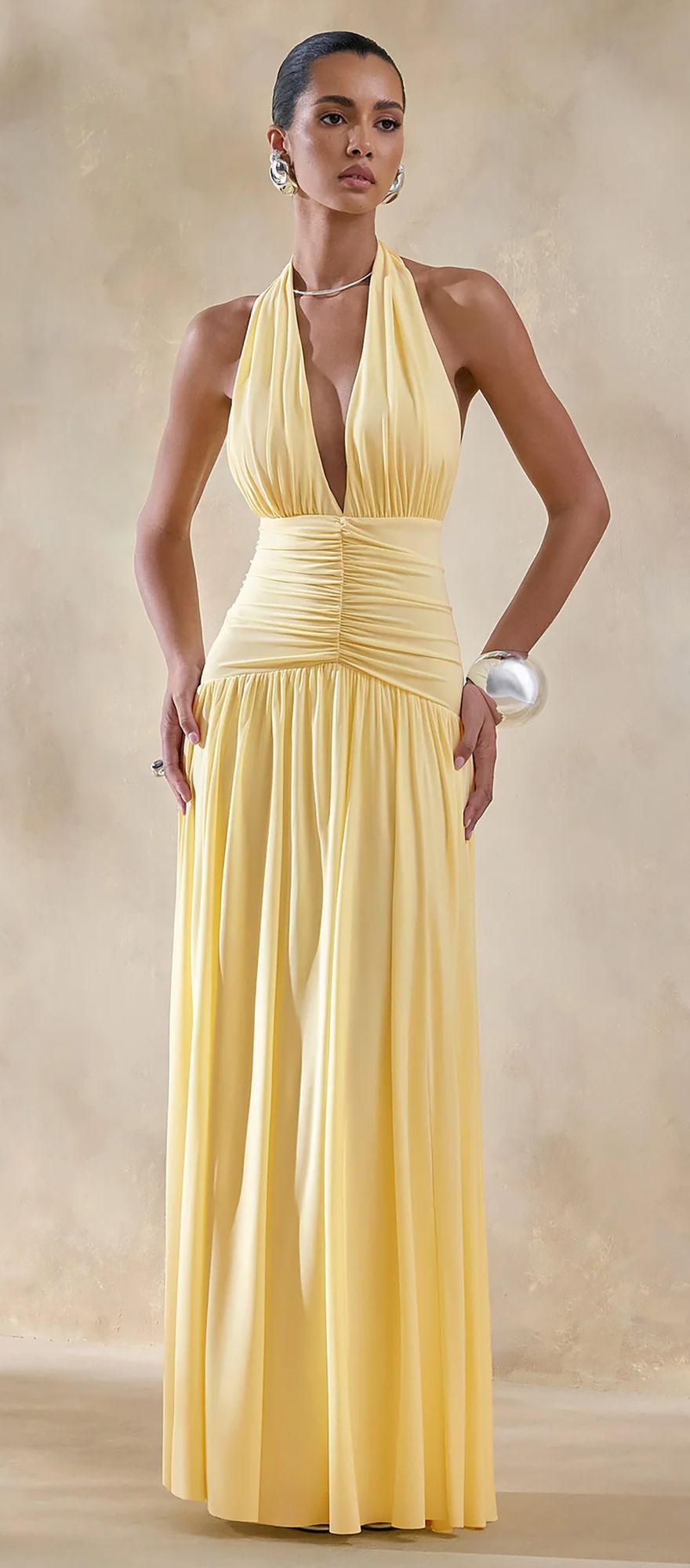 Club L London plunge neck yellow destination wedding guest dress with gathered detailing