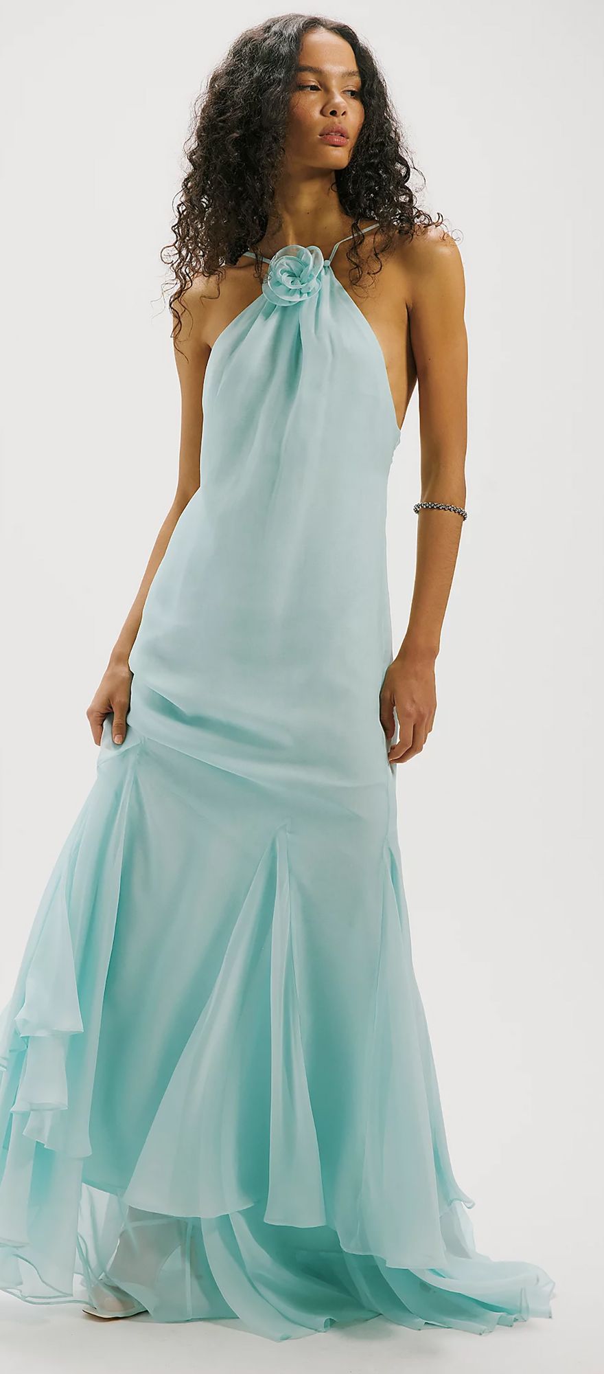 Free People sweeping chiffon destination wedding guest dress with rosette