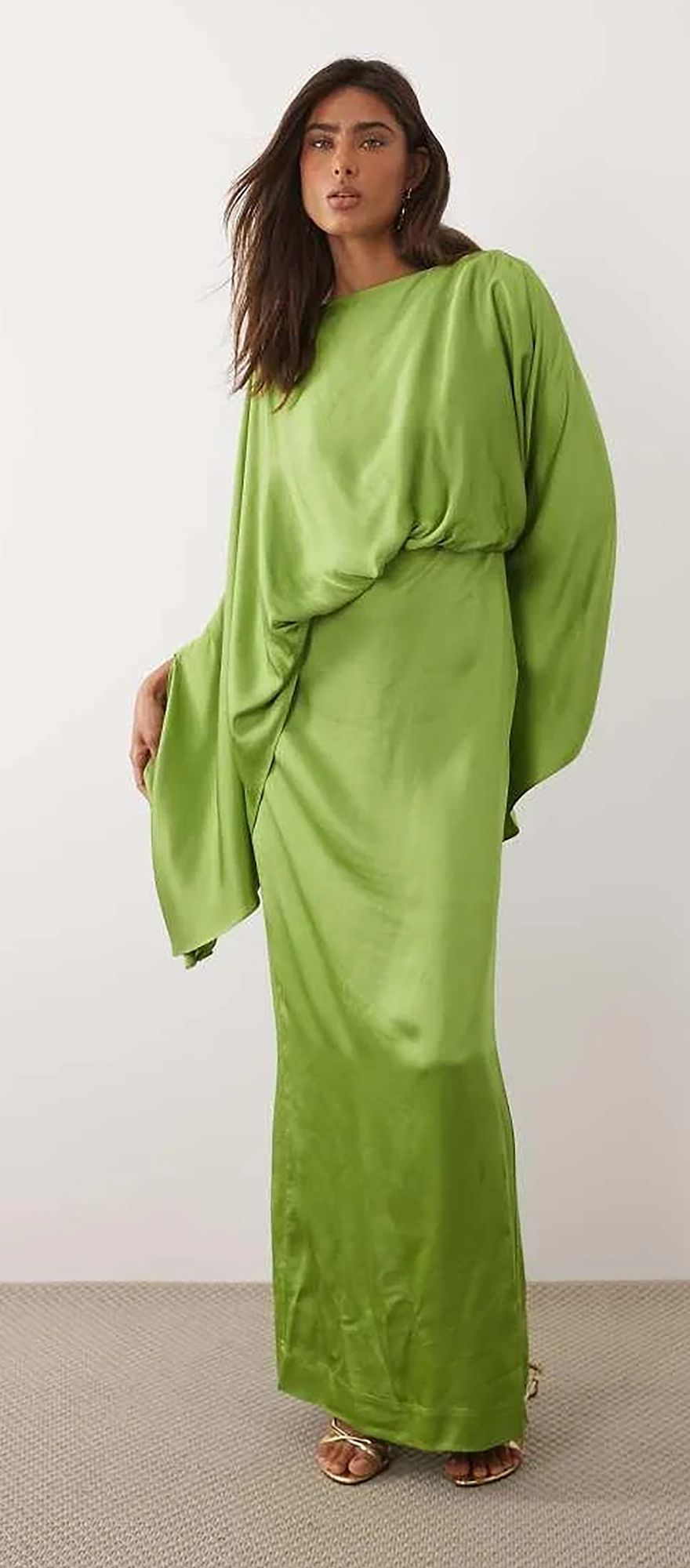 Mango green satin destination wedding guest dress with draped sleeves