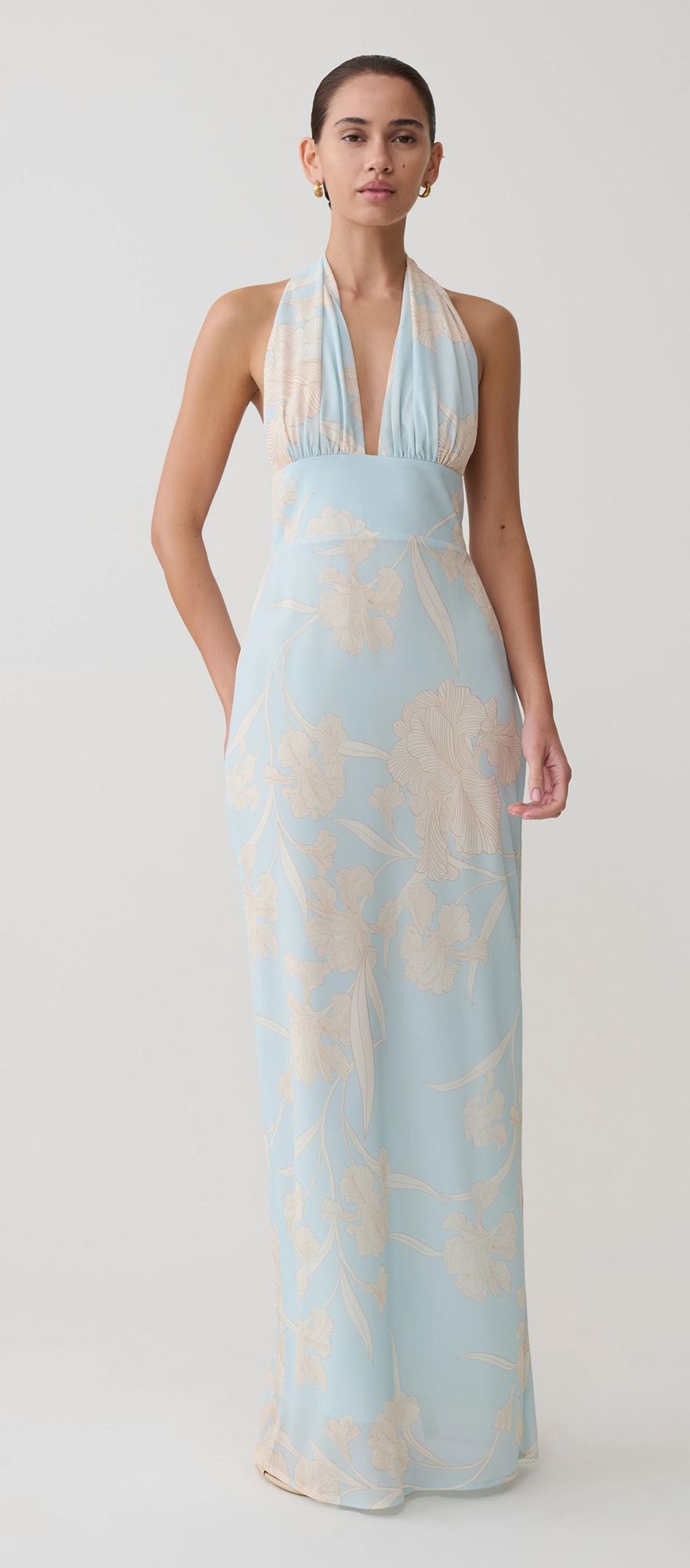 Meshki blue floral print halter destination wedding guest dress