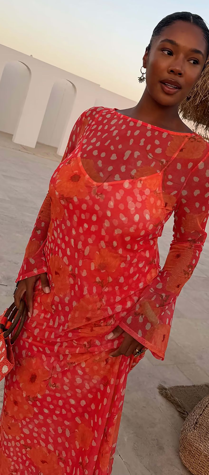 Never Fully Dressed coral print sheer mesh destination wedding guest dress