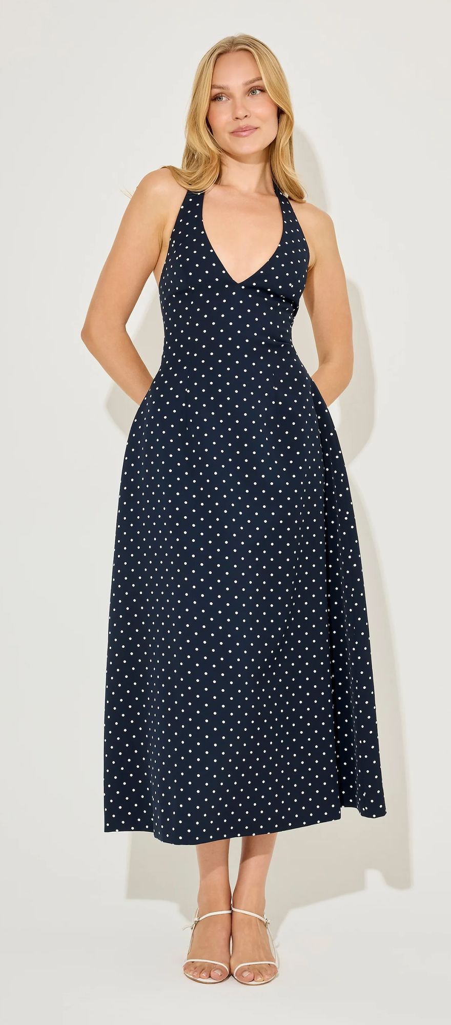 Odd Muse navy polka dot midi destination wedding guest dress