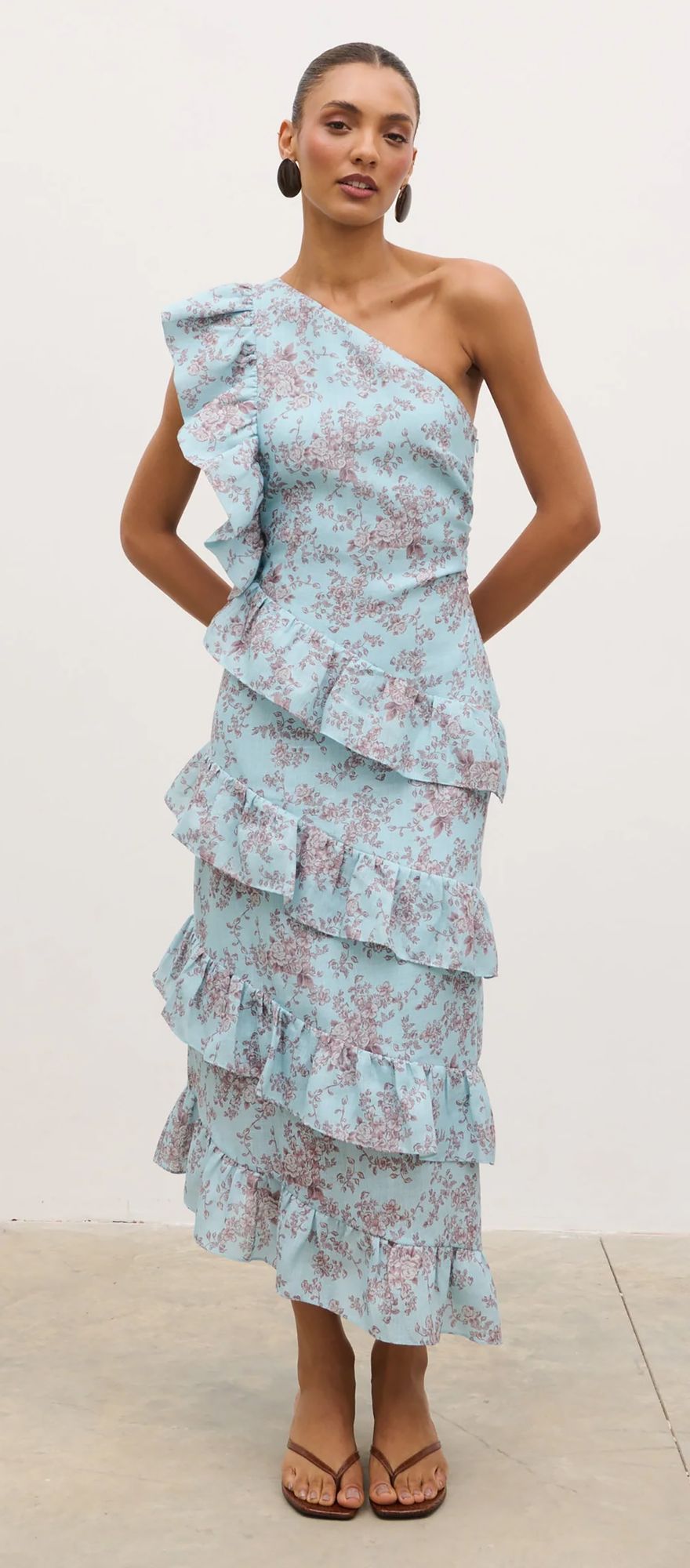 Pretty Lavish blue and brown frill one shoulder destination wedding guest dress
