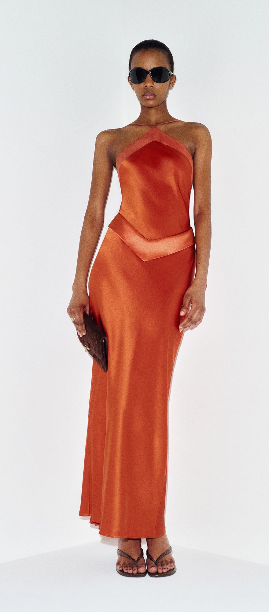Reformation silk halter destination wedding guest dress in 'chilli mango'