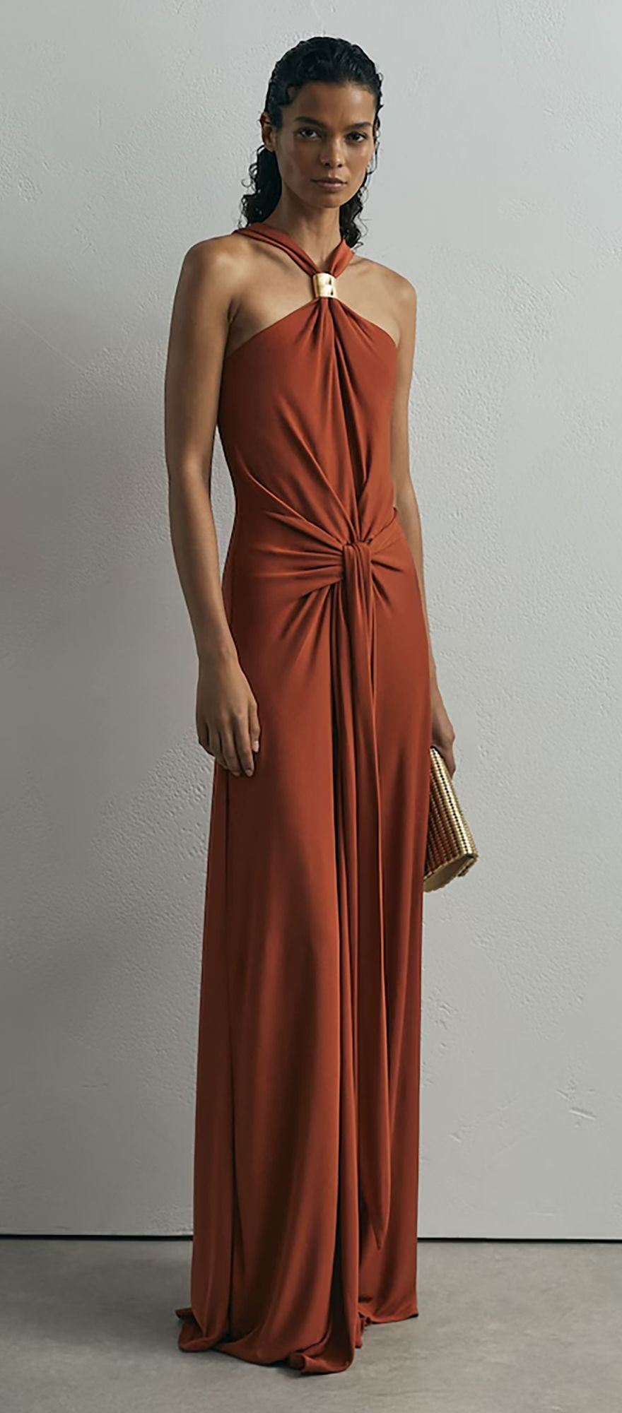 Reiss rust destination wedding guest dress with hardware detail