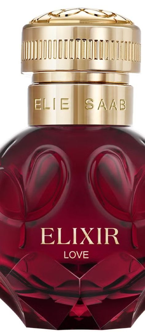 Elie Saab Elixir Love perfume bottle in deep ruby red with gold cap – a luxury wedding perfume and romantic bridal fragrance 
