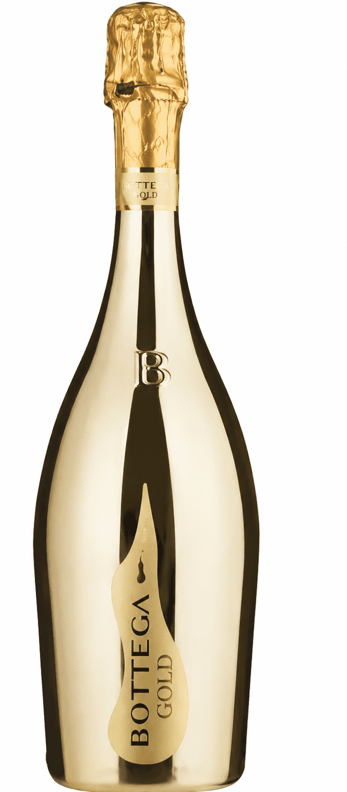 Bottega Gold sparkling wine bottle with a metallic gold finish, photographed upright on a white background. The bottle features gold foil wrapping around the neck