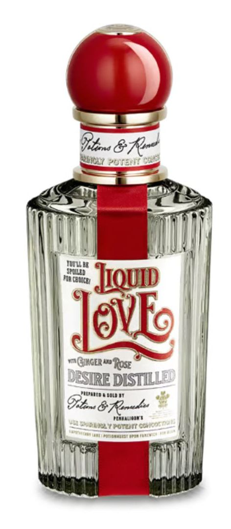 Penhaligon’s Liquid Love Eau de Parfum – a vintage apothecary-style glass perfume bottle with a bold red cap and ribbon, featuring ornate lettering and the label 'Liquid Love' on the front